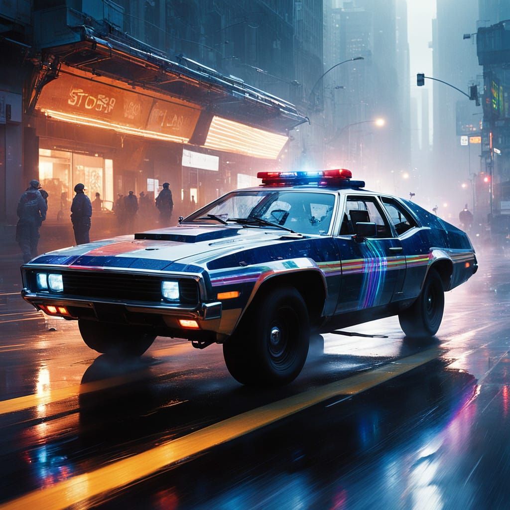 High-Tech Police Car in Rainy Night Chase