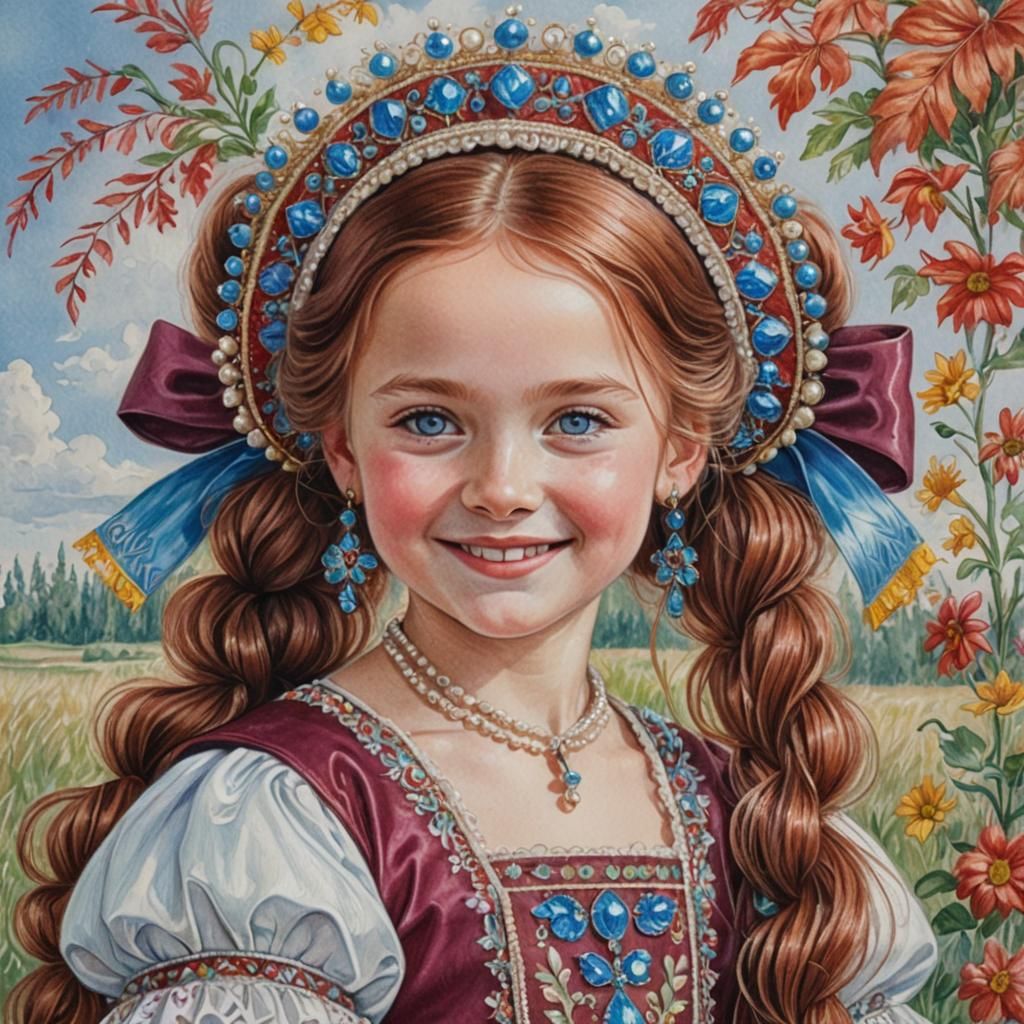 Russian Girl in Traditional Costume as Colored Pencil Art