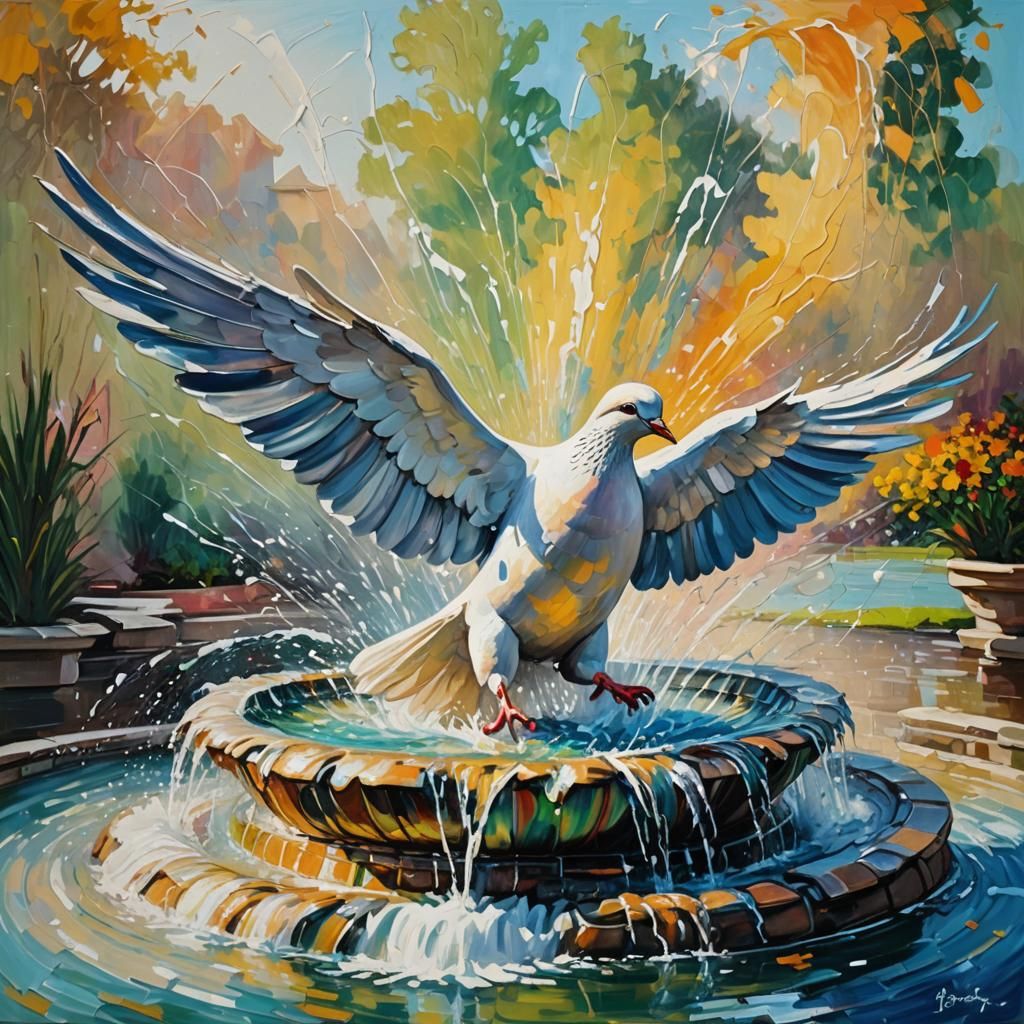 Dove in Fountain: Expressionist Oil Painting