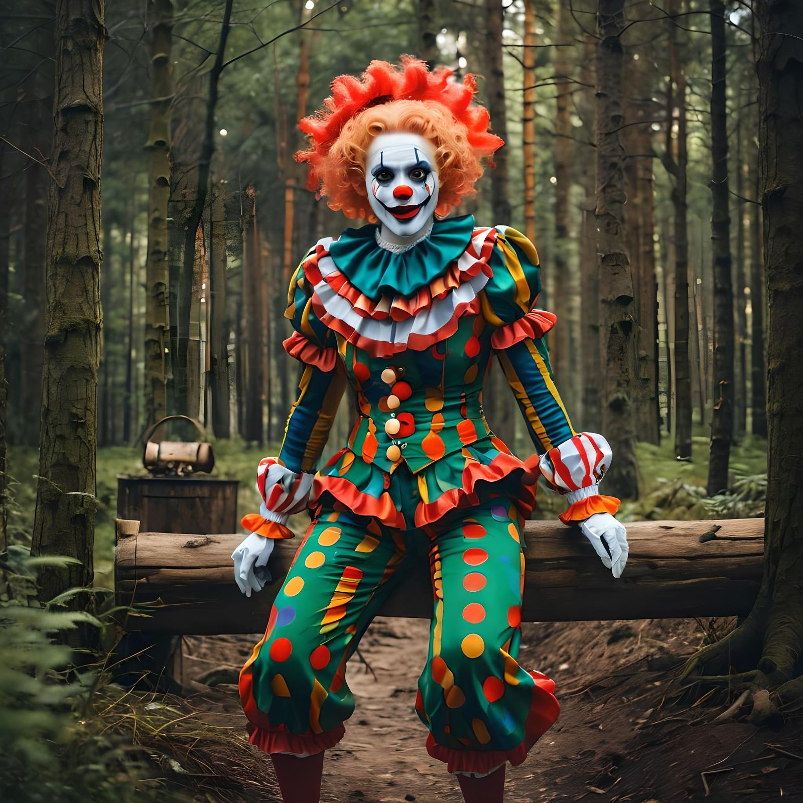 Clown Lady in a Forest Scene