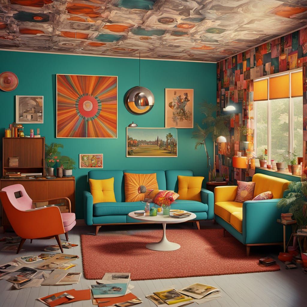 Vibrant 1960s Home Interior in Maximalist Digital Art