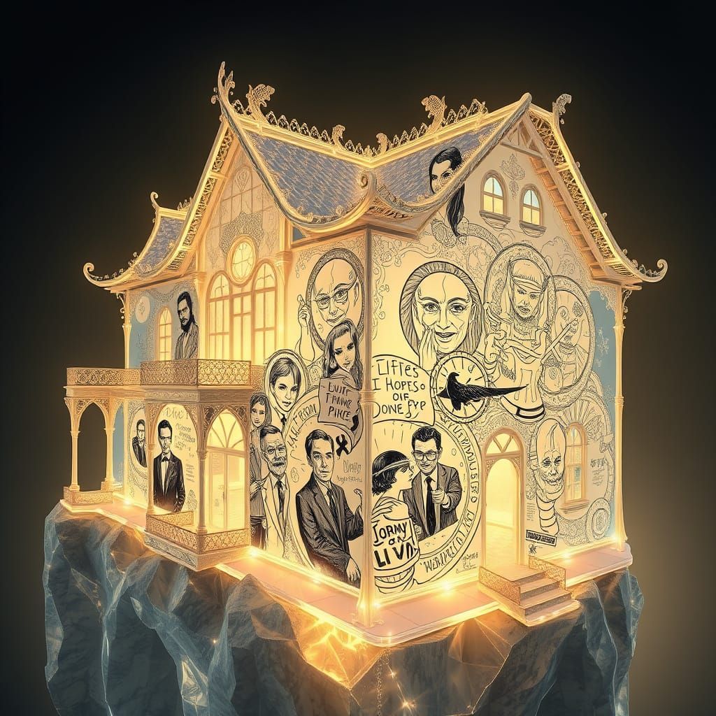 Surreal Crystal Mansion Defies Gravity with Glowing Graffiti