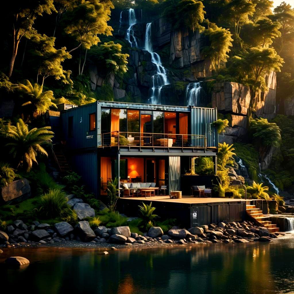 Shipping Container Home with Waterfall View