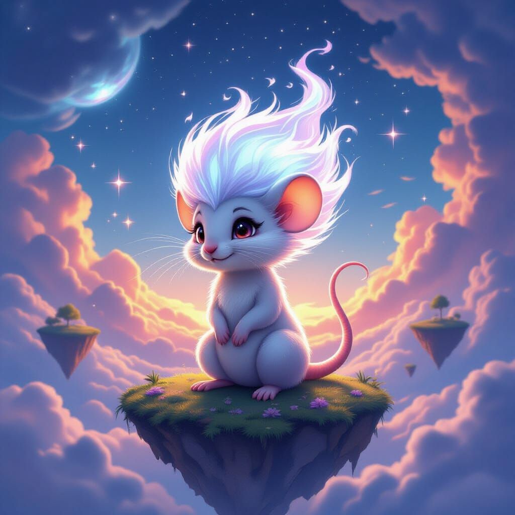 Mouse with Fiery Hair in a Surreal Landscape