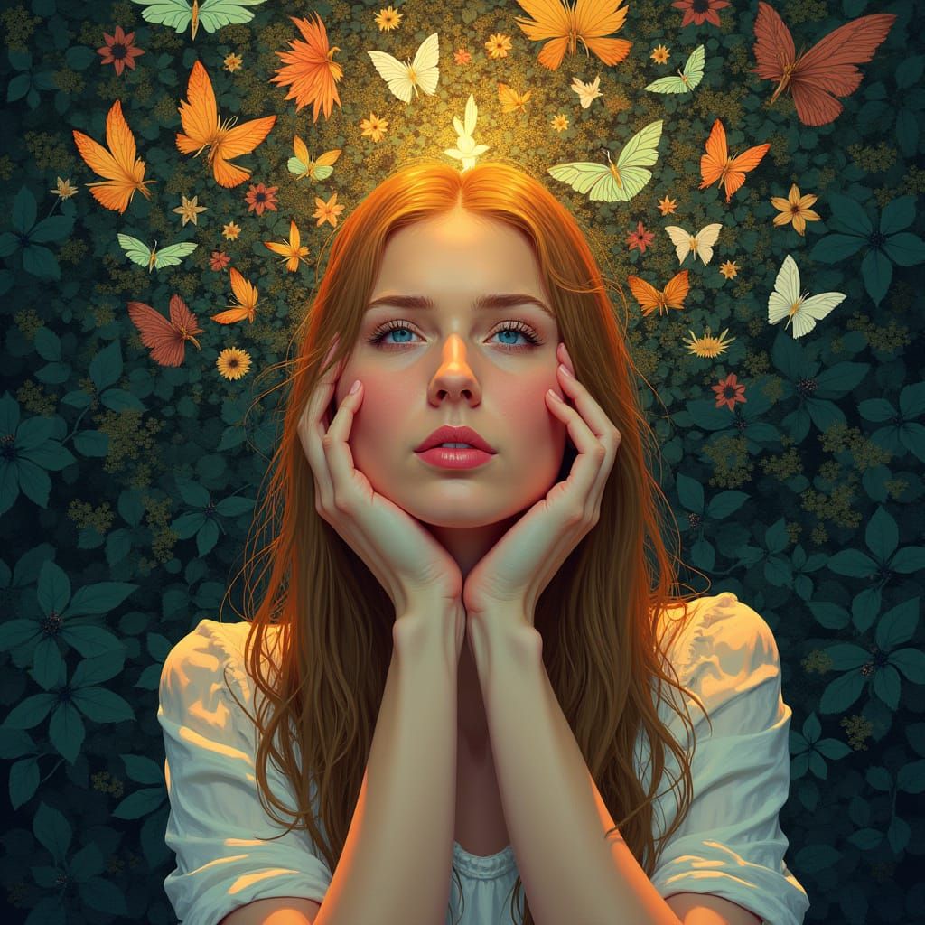 Contemplative Portrait with Inner World Symbols