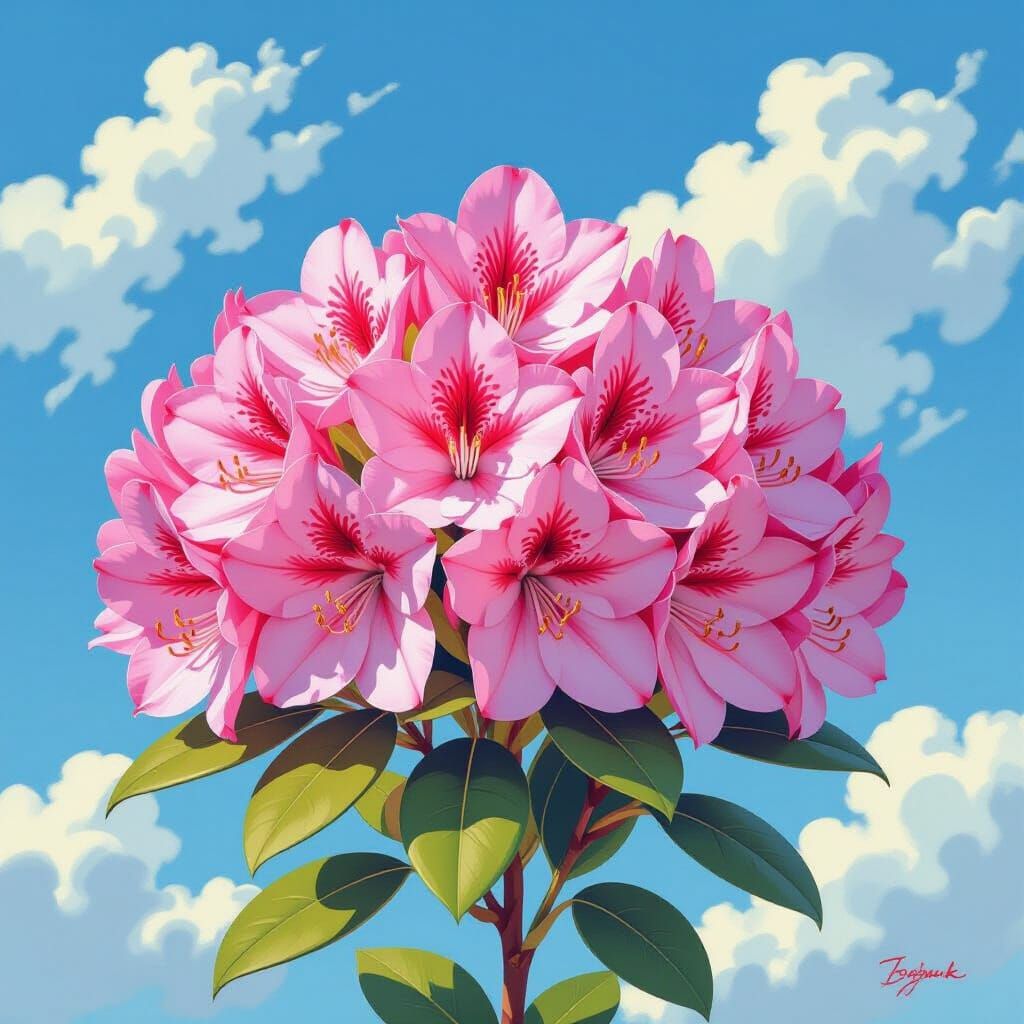 Rhododendron Bouquet Watercolor Against Blue Sky
