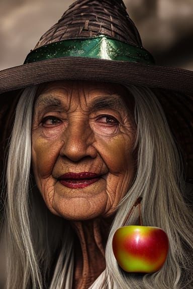 Hyperrealistic Witch with Apple in Splash Art Style