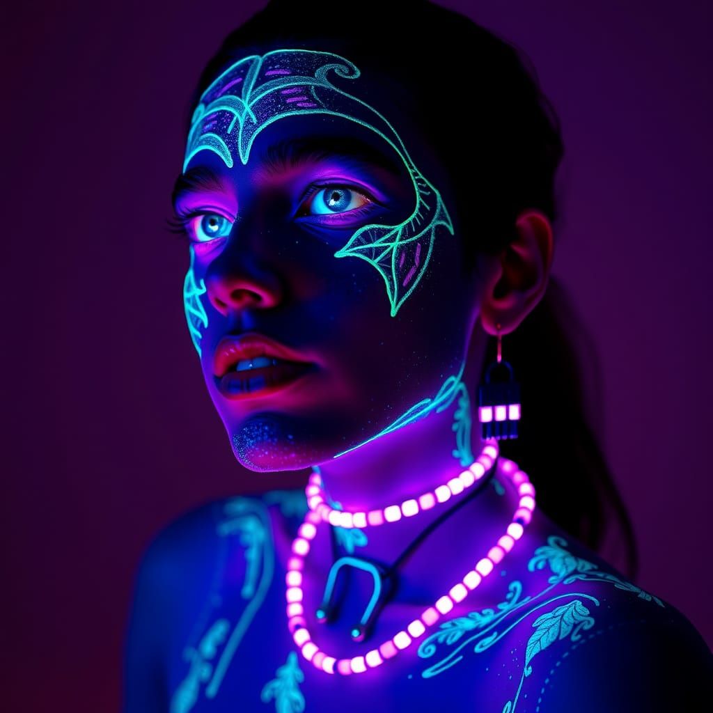 Bioluminescent Model in Cyan Paint, Bold Colors