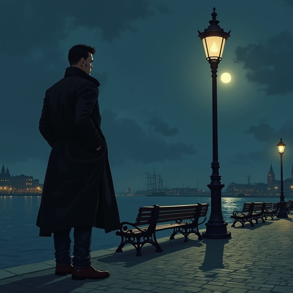 Tall Russian Man Stands by Harbor Lamp Post at Midnight in M...