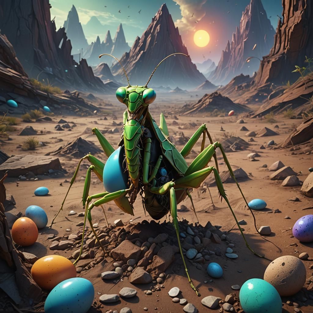 Praying Mantis Hatching in Surreal Chromatic Landscape