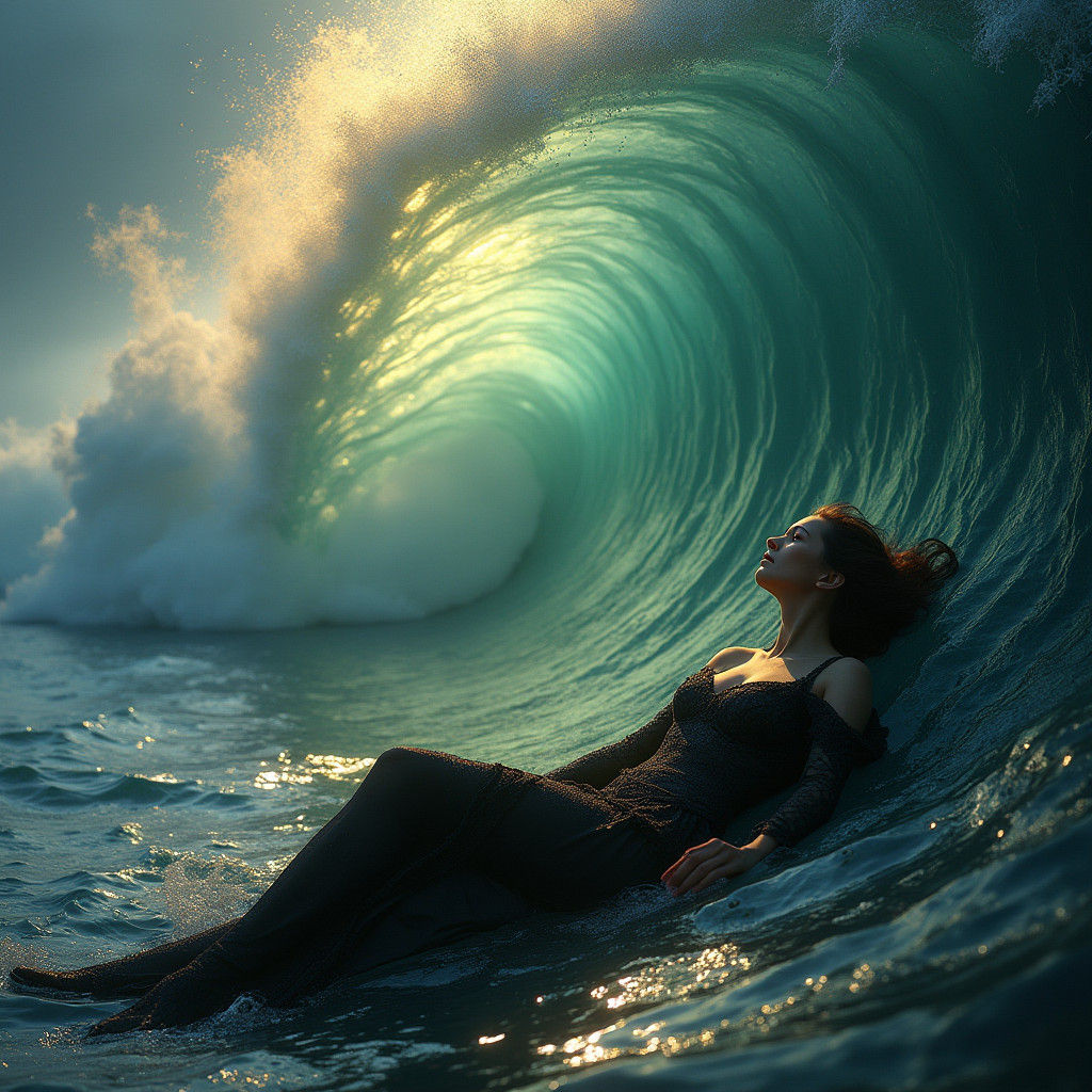 Mystical Woman Under Crystalline Wave, Dark Fantasy Art