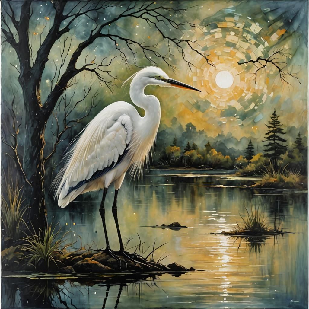 Ethereal Egret in Encaustic Style