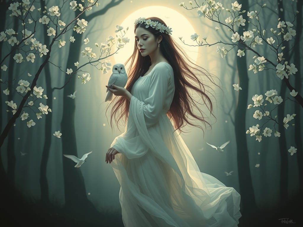 Ethereal Woman in White, Surrounded by Whispers of the Fores...