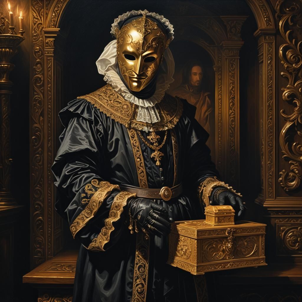 Masked Figure in Ornate Chamber: Renaissance Painting