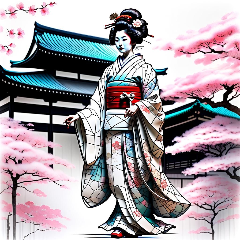 Edo Geisha in Sakura Court: Wireframe Alcohol Ink