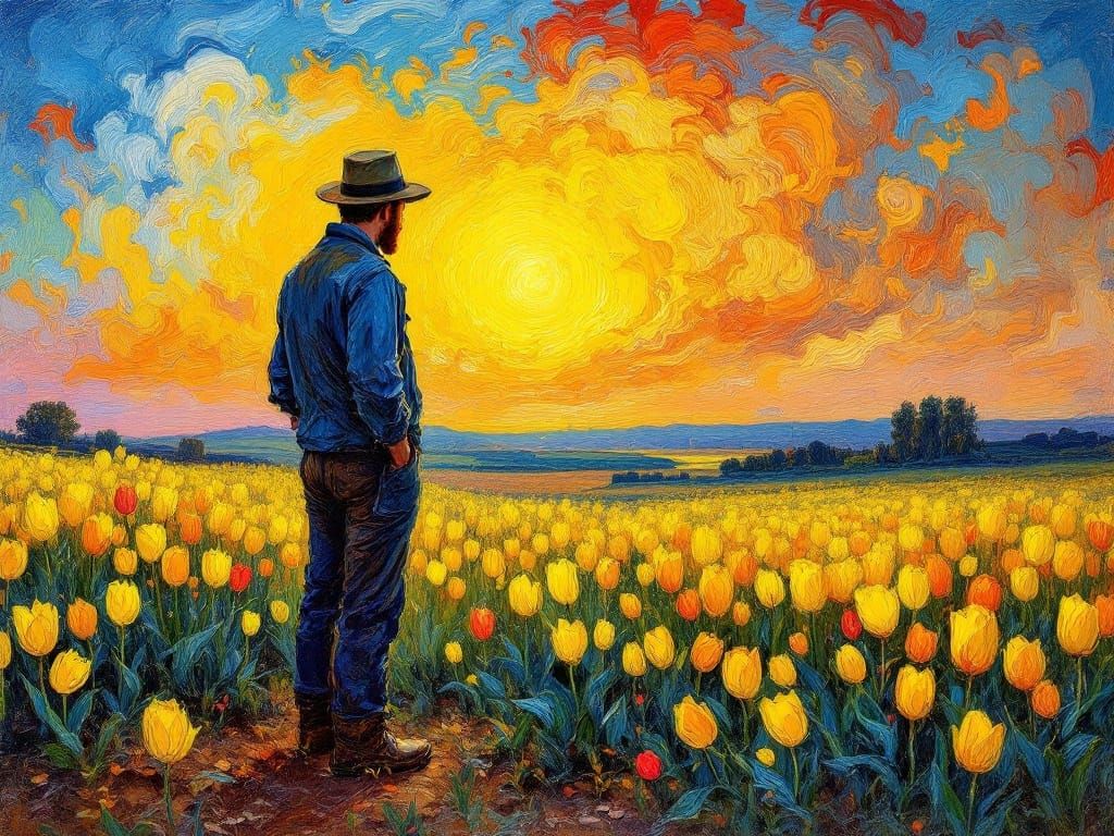 Dutch Farmer Amidst Vibrant Tulip Fields in Post-Impressioni...