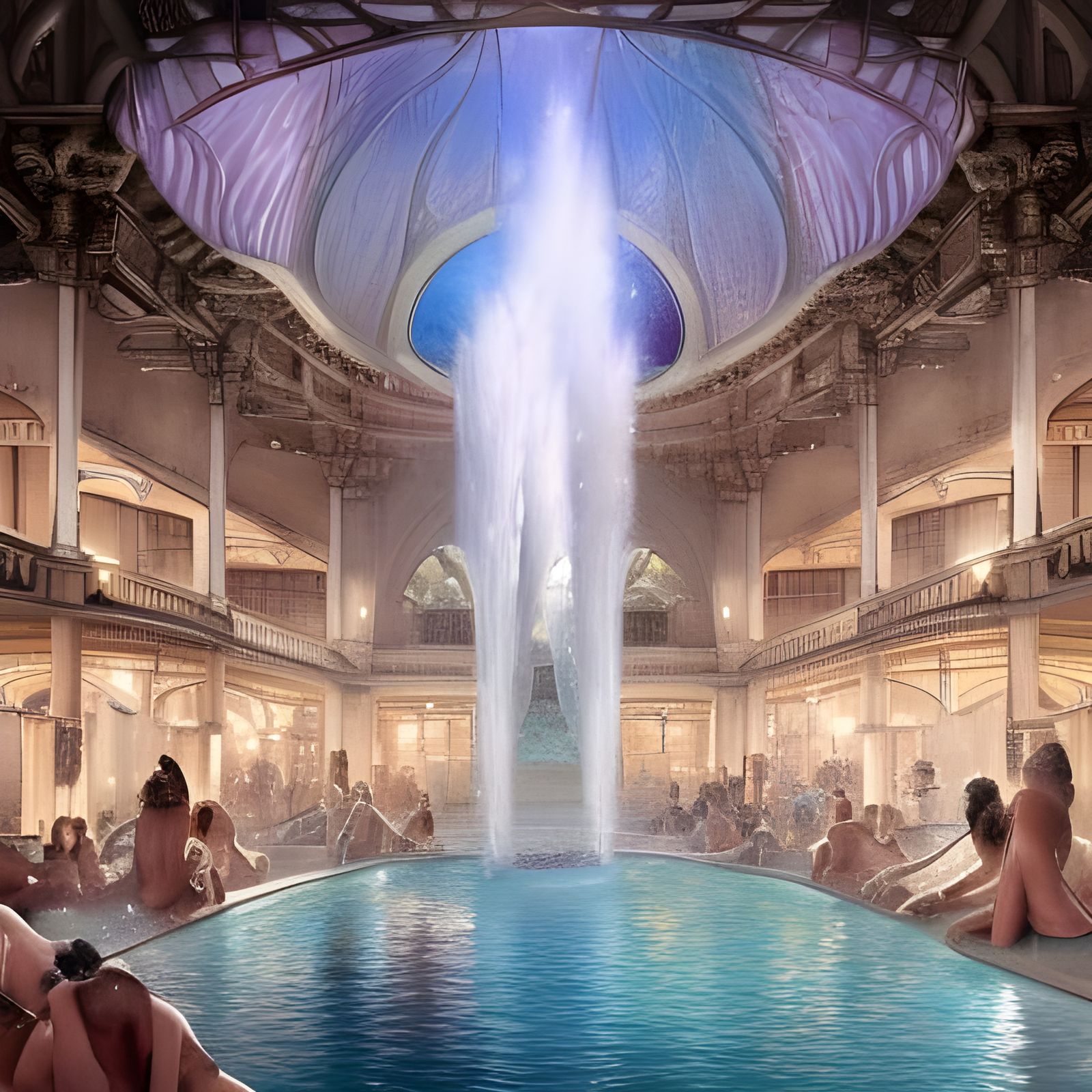 Magical Public Bath House with Sparkling Orbs