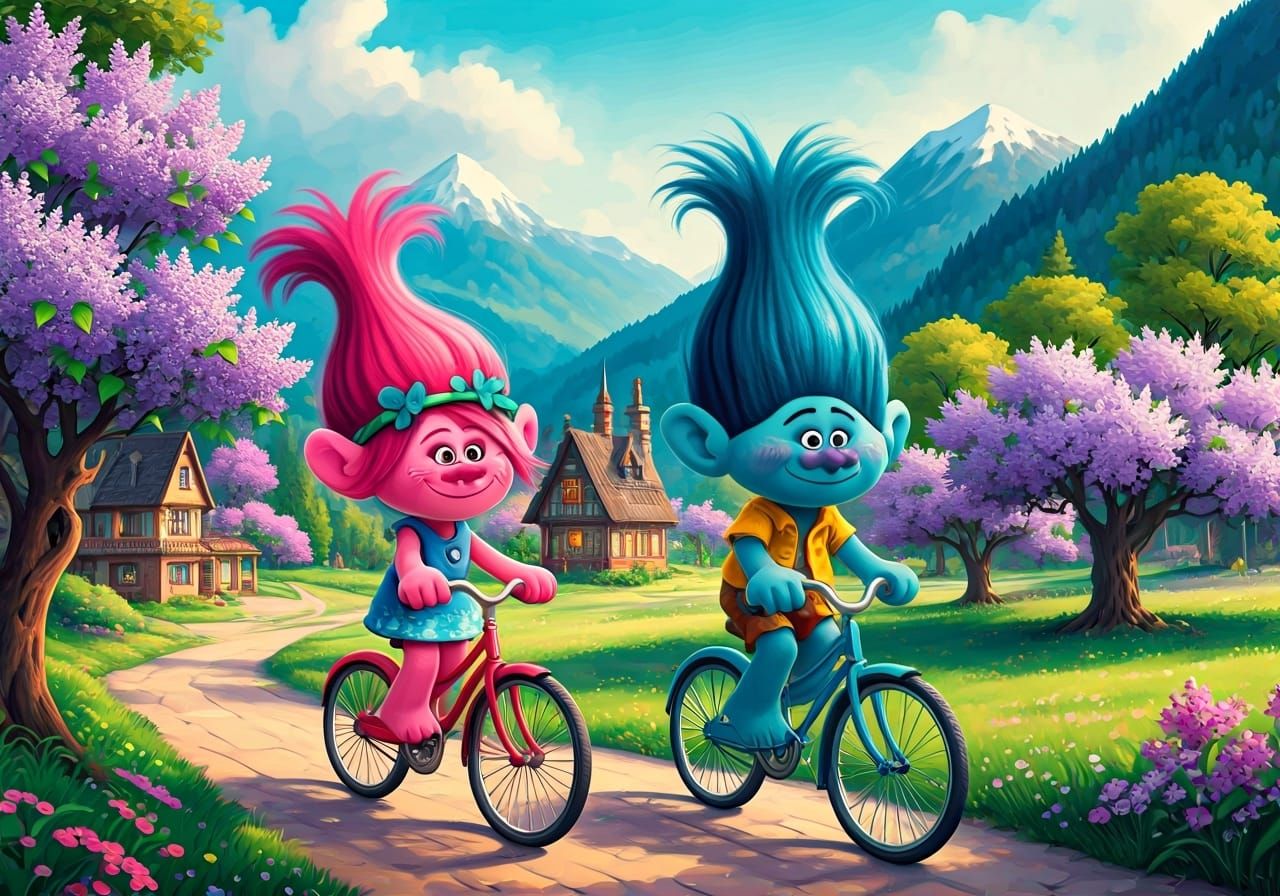 Trolls on Bikes in a Village, 3D Render