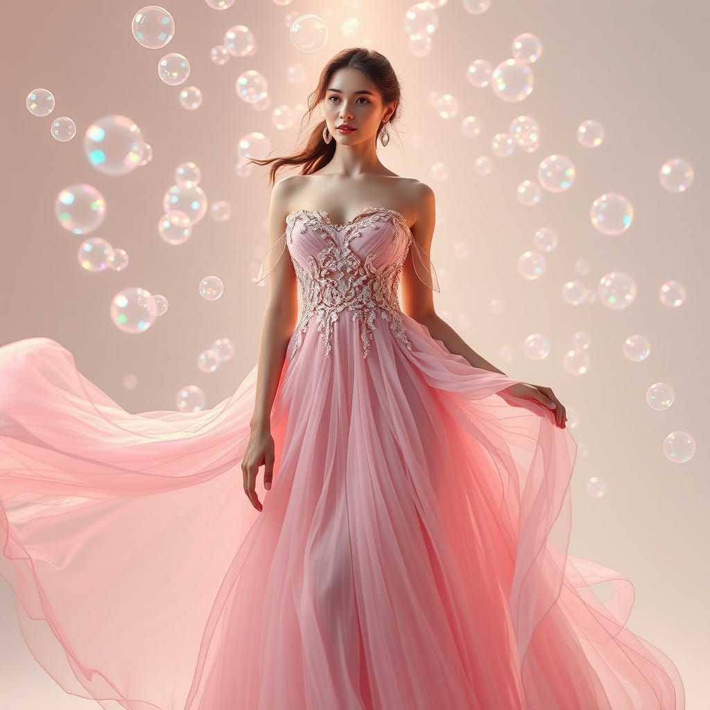 Ethereal Model in Whimsical Bubble Clouds Shimmers in Light...