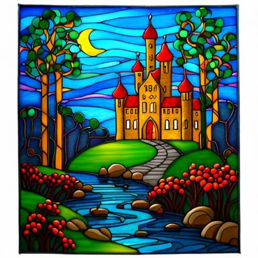 Ethereal Stained Glass Castle in Enchanted Forest
