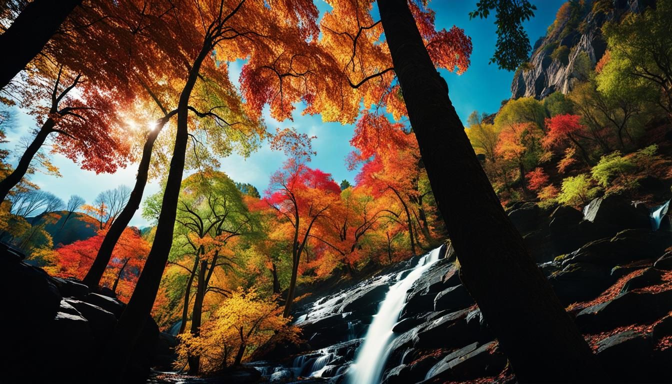 Rocky Waterfall Through Canopy of Colorful Leaves
