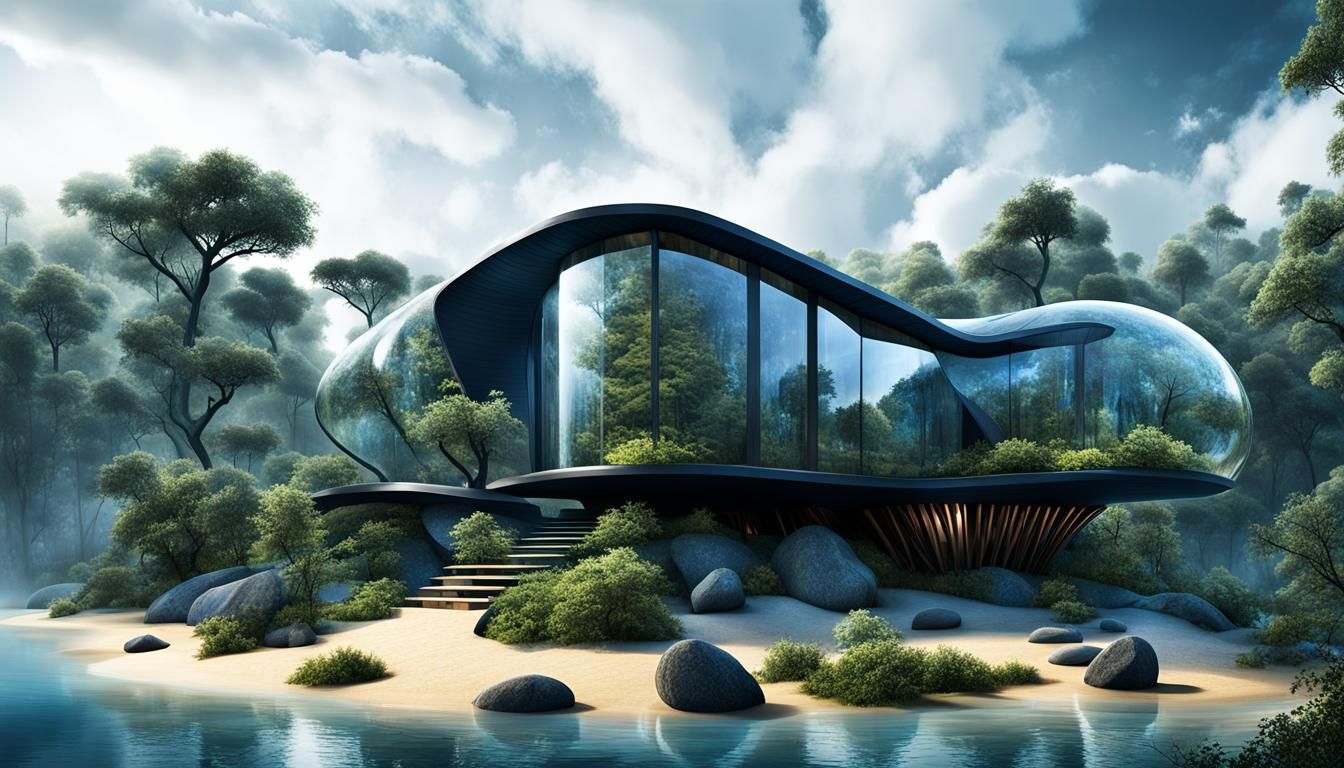 Futuristic Living Tree Cabin at Night in Heavy Rain