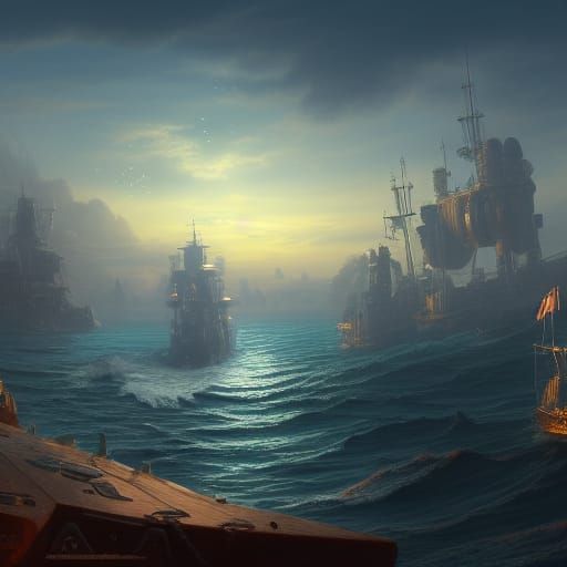 Sunset Ships in Horizon: Detailed Matte Painting