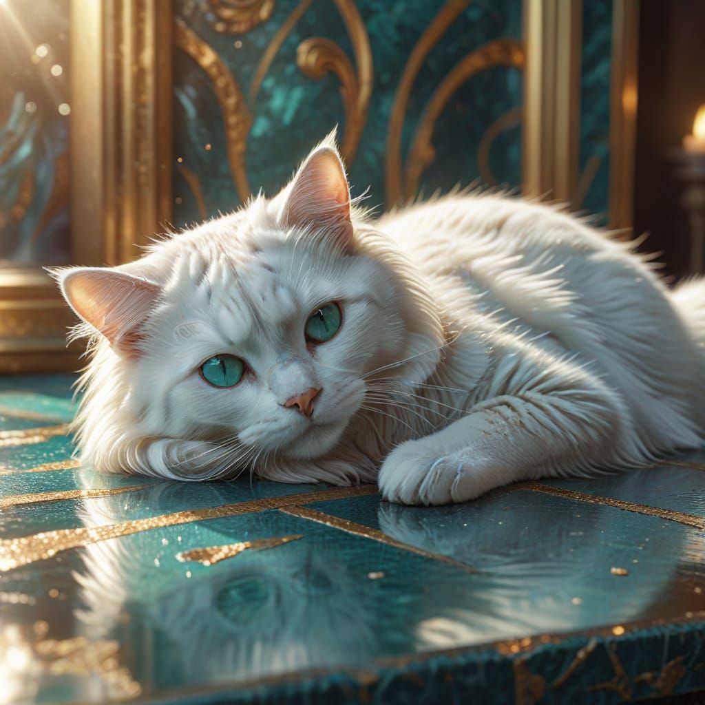 Whimsical Cat with Glitter Stripes on Marble Table