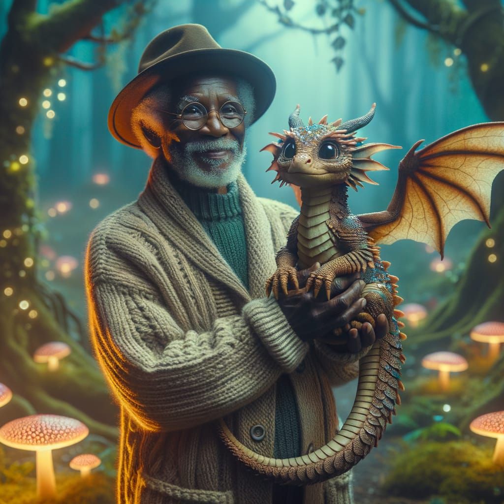 Elderly Man and Magical Dragon in Enchanted Forest
