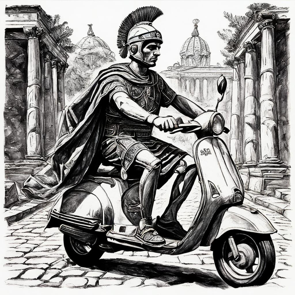 Julius Caesar Rides Vespa in Ancient Rome Charcoal Drawing