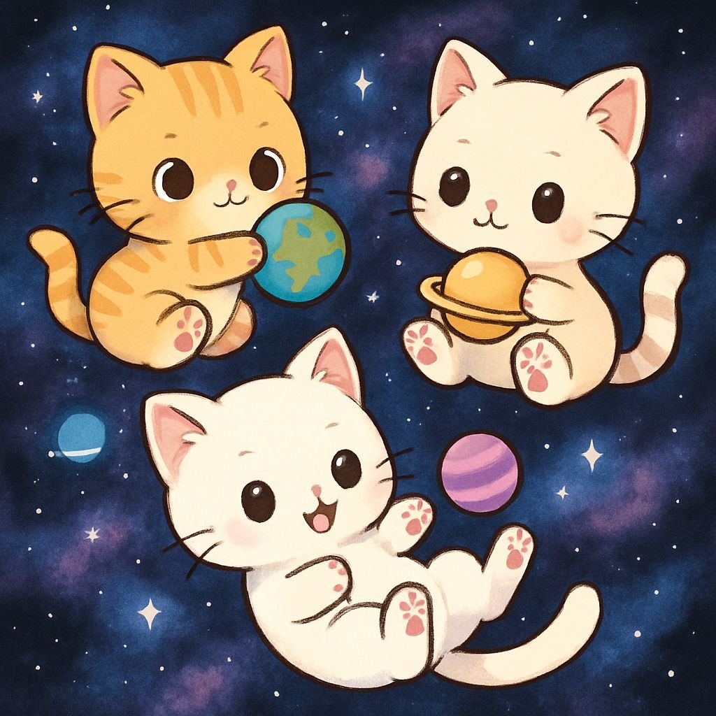 Anime Cats Play with Planets in Space