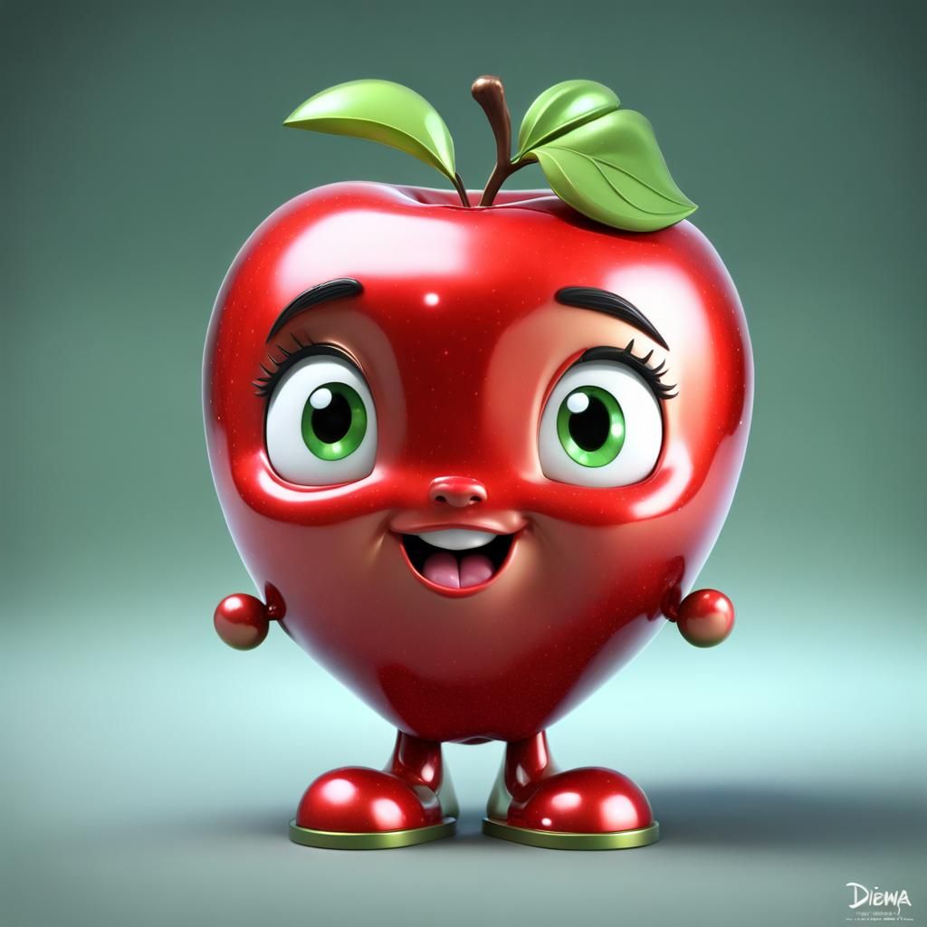Metallic Apple with Chibi Face in 3D Style