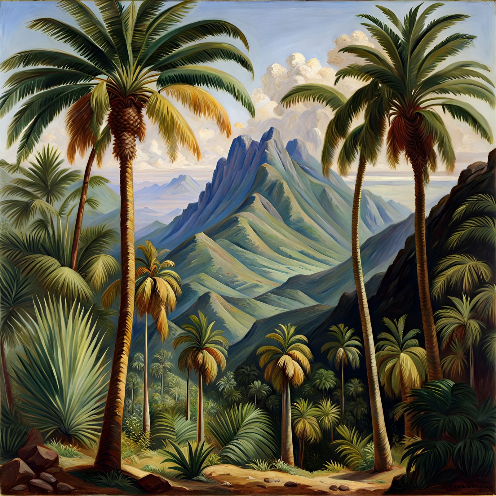 Lush Tropical Mountain Landscape Oil Painting