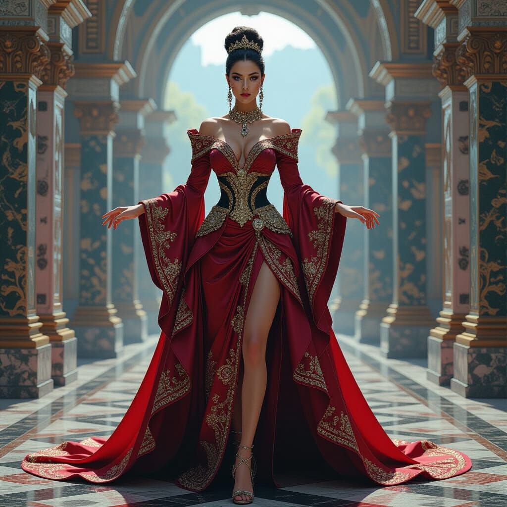 Regal Woman in Neo-Baroque Gown Amidst Glitch Art