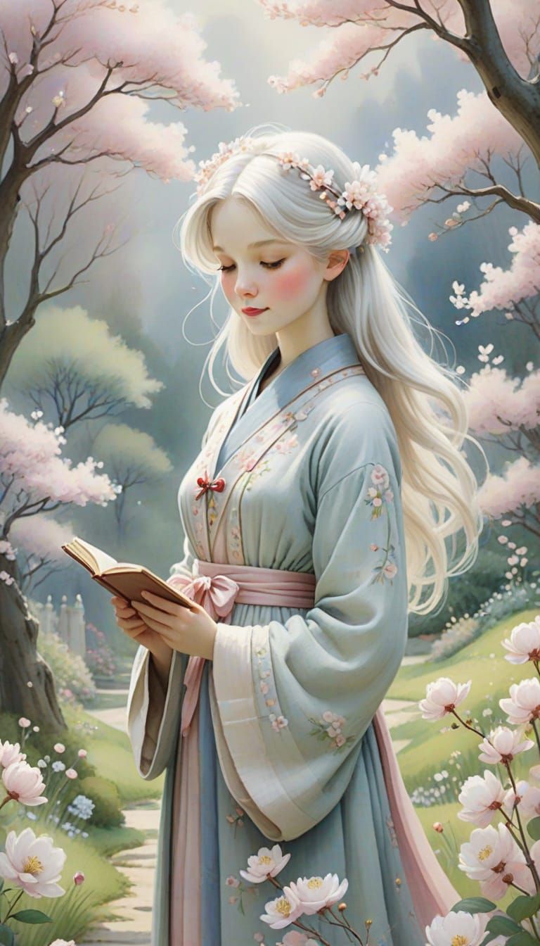 Cherry Blossom Haired Character in Misty Garden