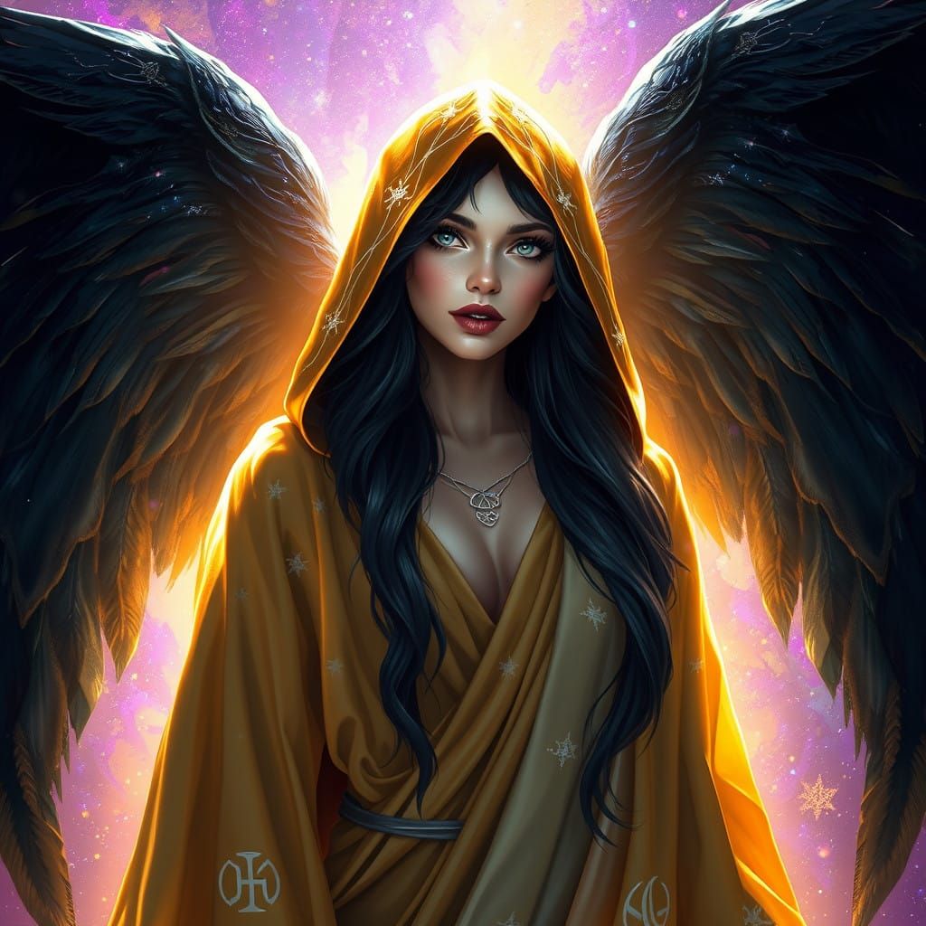 Ethereal Angel with Shimmering Black Wings in Cyberpunk Styl...