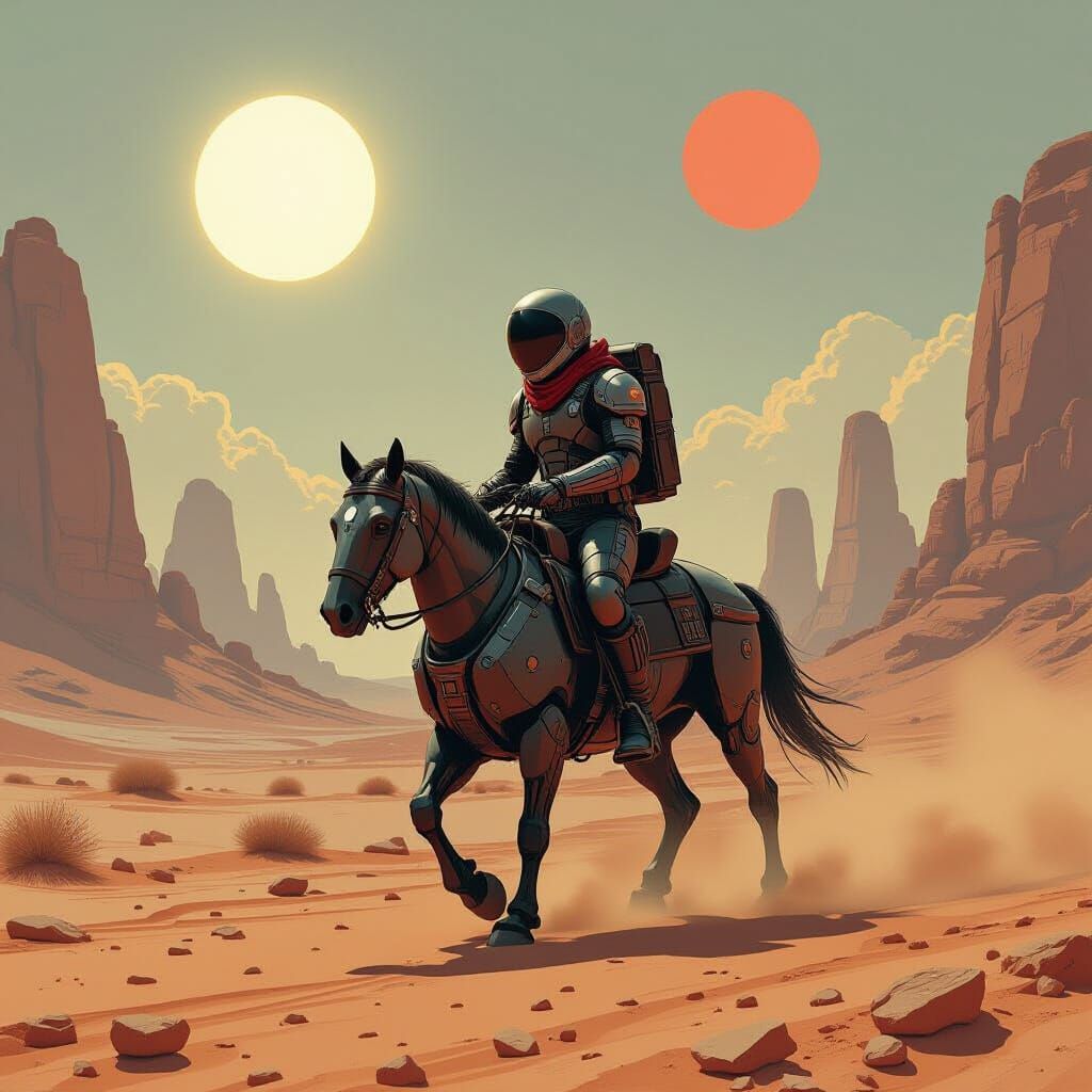Sci-Fi Western Astronaut on Robotic Steed in Alien Desert