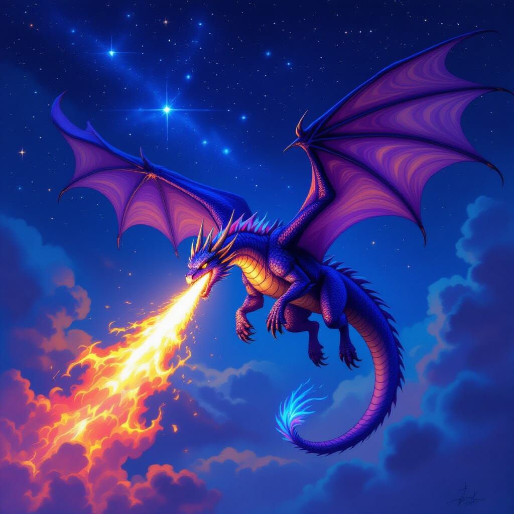 Majestic Purple Dragon Breathing Blue Fire in Starry Sky