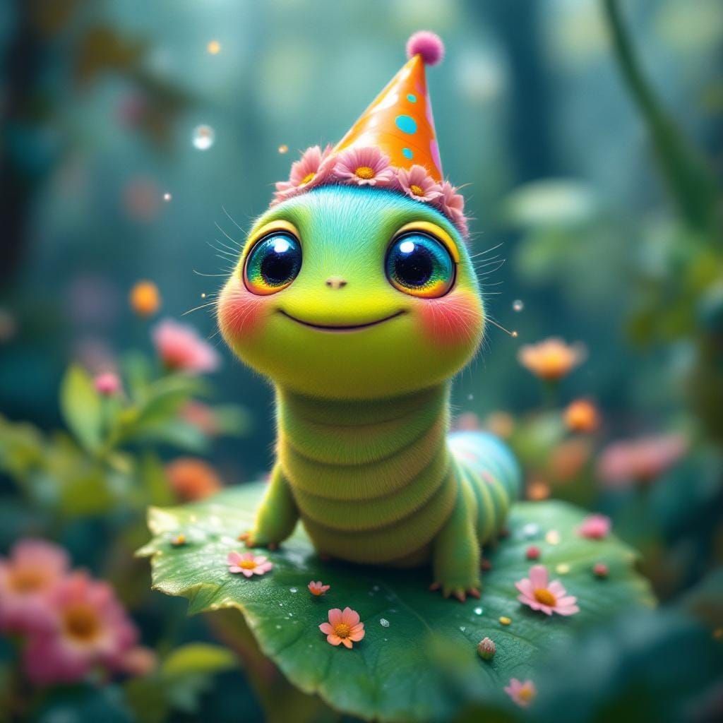 Caterpillar's Joyful Bounce: A Whimsical Fantasy Scene