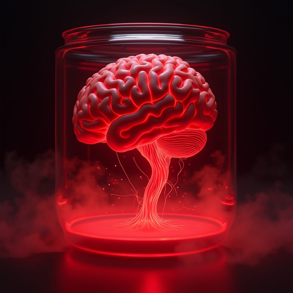 Cyberpunk Brain in Glass Container with Glowing Red Liquid