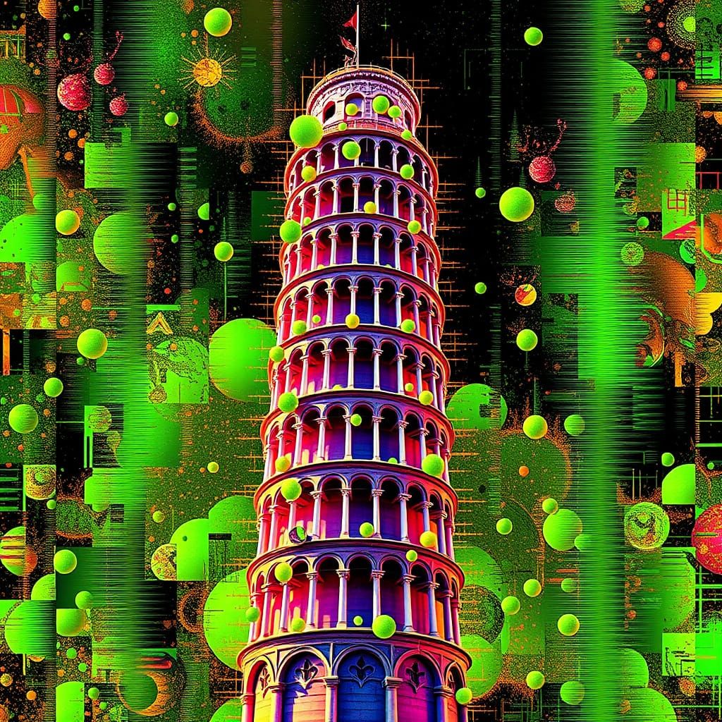 Neon Fruit Leaning Tower of Pisa in Glitch Art