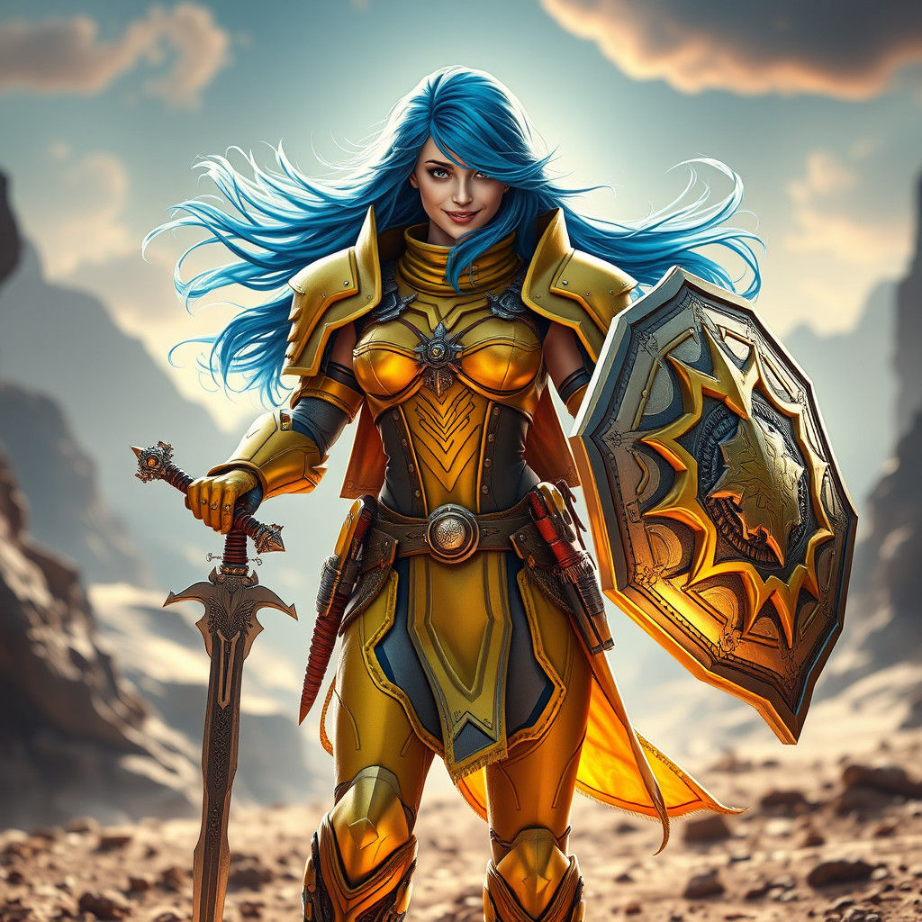 Blue-Haired Warrior in Yellow Armor, Sci-Fi Landscape