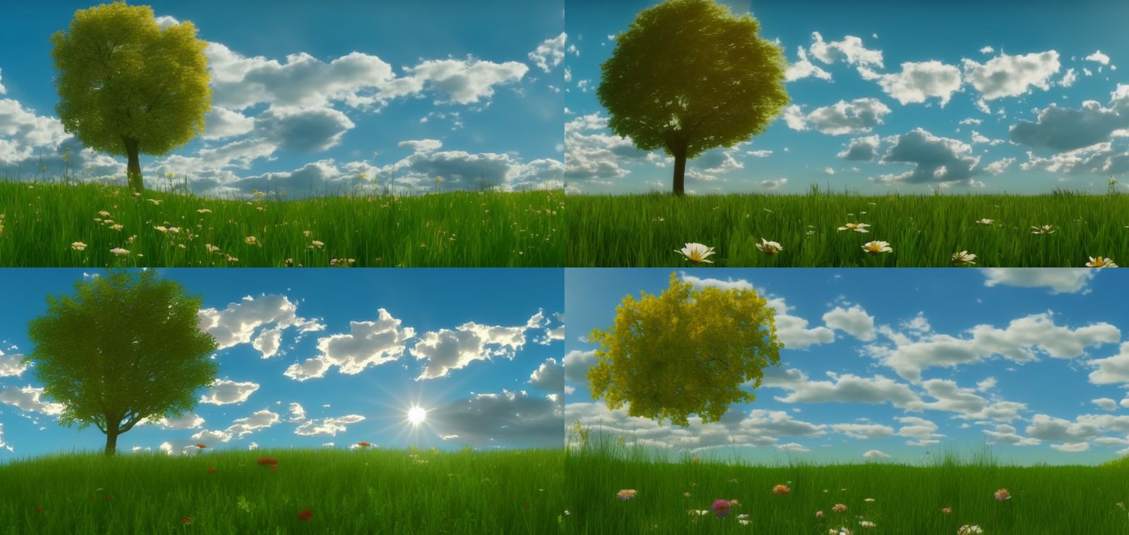 Cinematic Meadow with Flowers, Trees, and Sun Rays