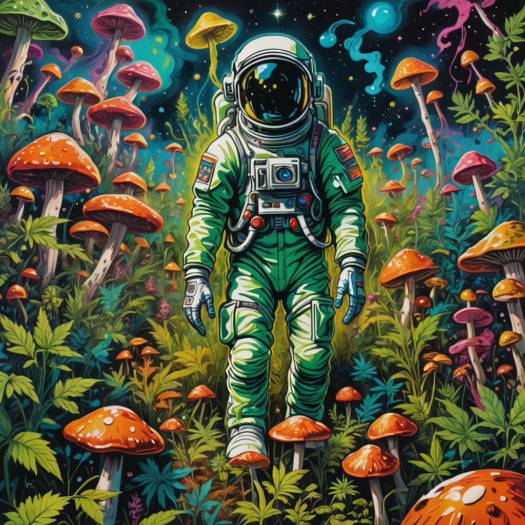 Psychedelic Astronaut in Mushroom Field Graffiti Art