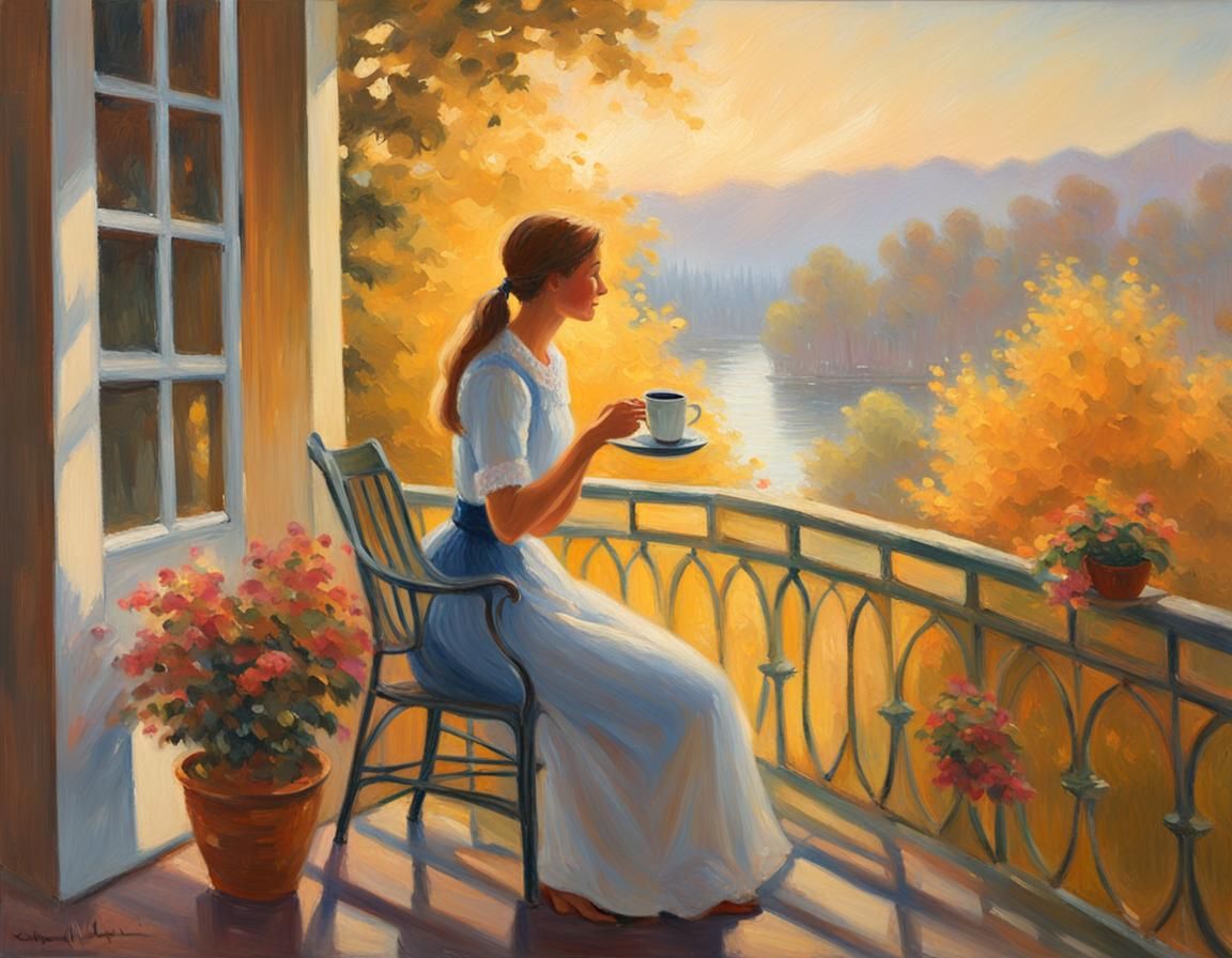 Veranda Sunrise: Impressionist Oil Painting with Warm Light