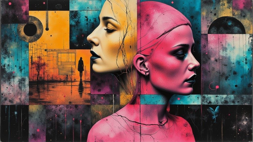 Abstract Gridscape with Neon Explosions in Surreal Style