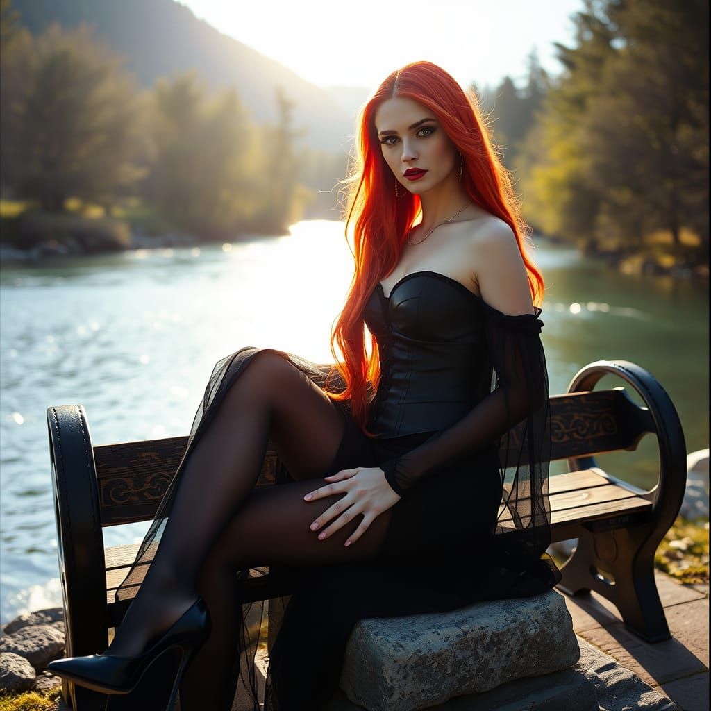 Goddess with Red Hair in Black Corset by River