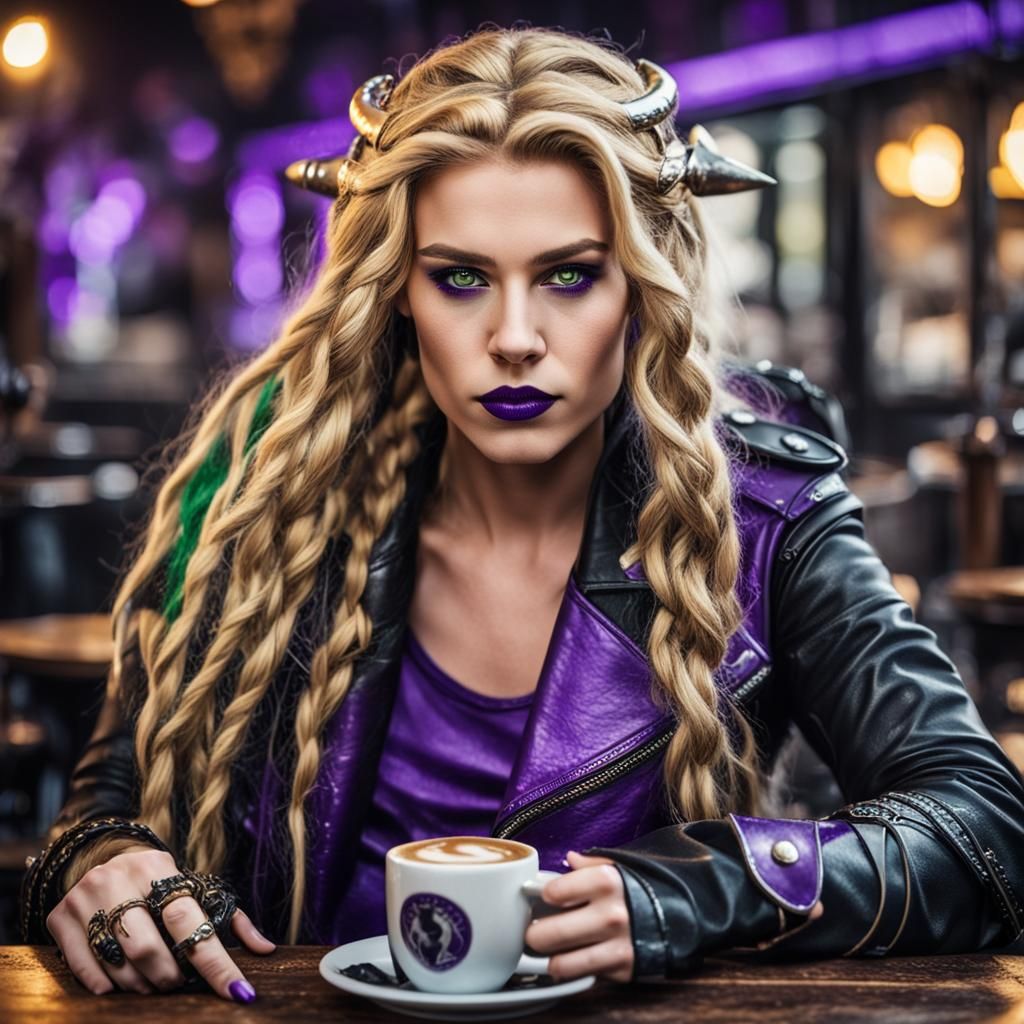 Valkyrie Biker in Cafe: Heavy Metal Digital Art