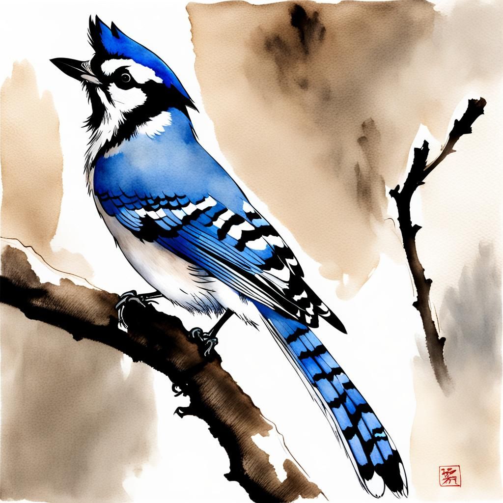 Blue Jay in Winter: Sumi-e Ink Wash Painting
