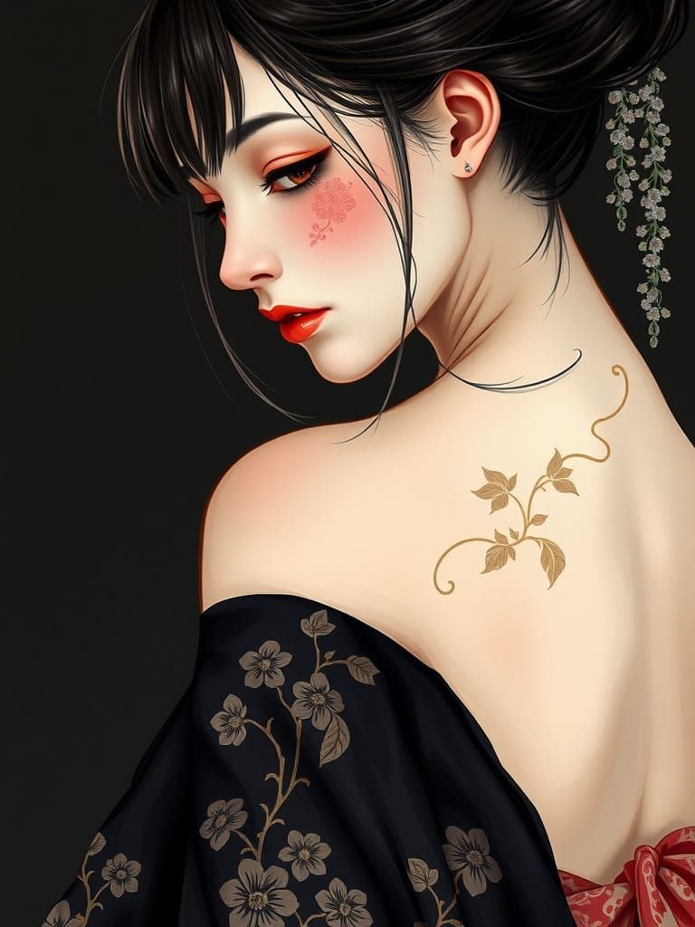 Ethereal Sakura Geisha in Black Kimono with Golden Markings